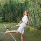Isabella is 172 cm tall and wears size M. | grey